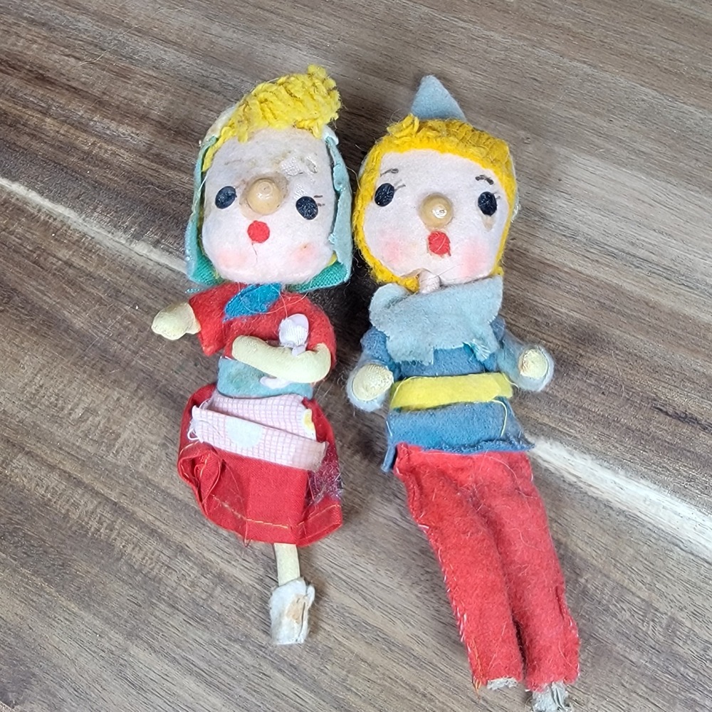 Vintage Japanese Pixie Elf Dolls Felt‎ Stockinette 50s Mid Century Pair Folk Art